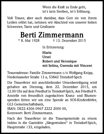 Anzeige von Berti Zimmermann von Kölner Stadt-Anzeiger / Kölnische Rundschau / Express