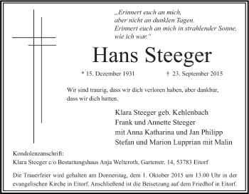 Anzeige von Hans Steeger von Kölner Stadt-Anzeiger / Kölnische Rundschau / Express