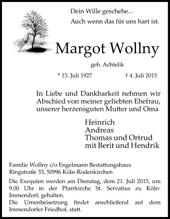 Anzeige von Margot Wollny von Kölner Stadt-Anzeiger / Kölnische Rundschau / Express