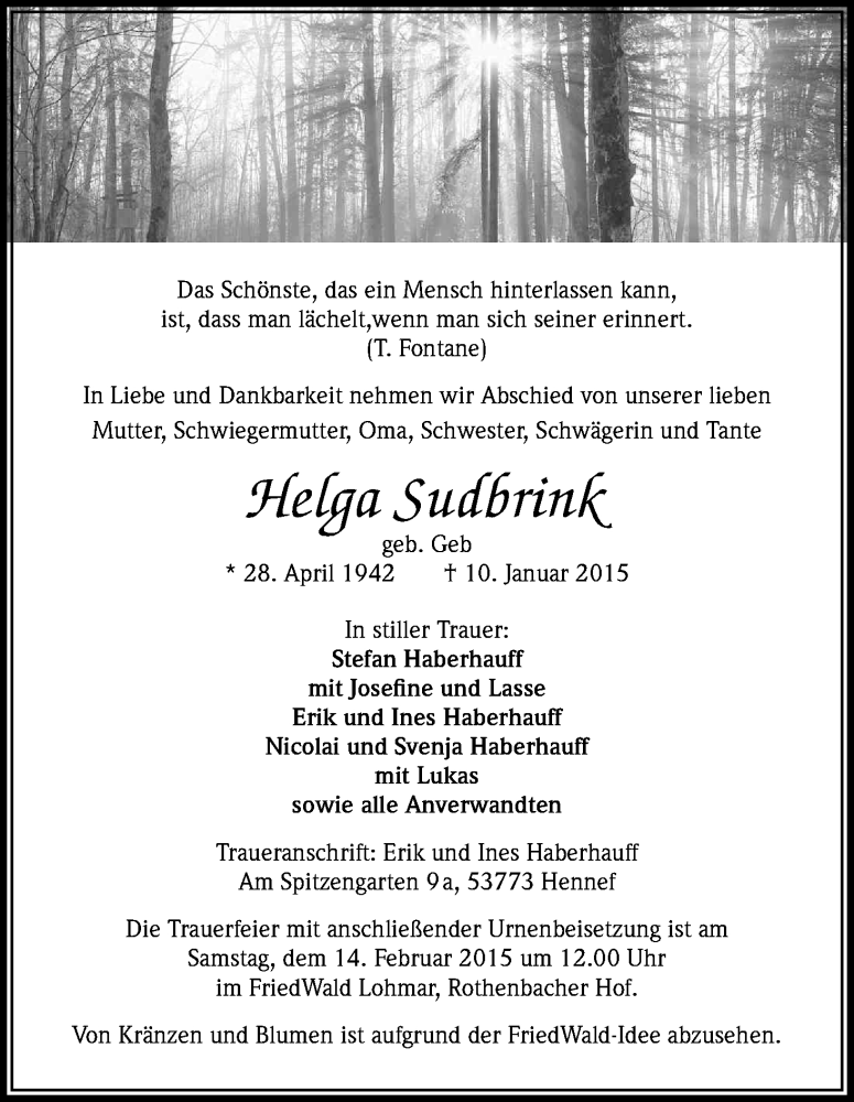  Traueranzeige für eBa Sudbrink vom 17.01.2015 aus Kölner Stadt-Anzeiger / Kölnische Rundschau / Express