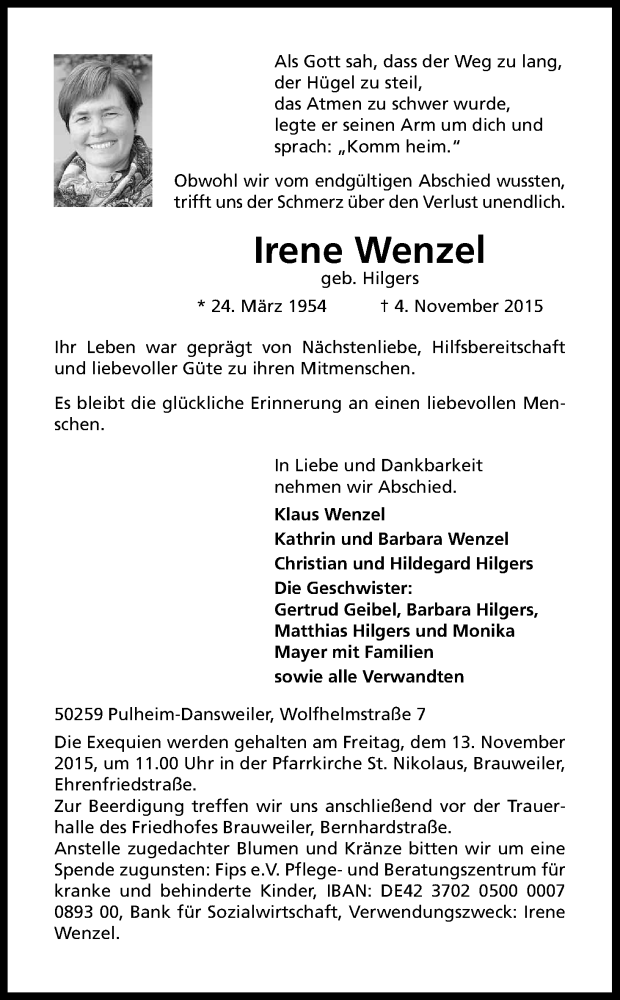  Traueranzeige für Irene Wenzel vom 07.11.2015 aus Kölner Stadt-Anzeiger / Kölnische Rundschau / Express
