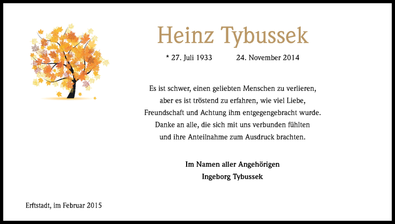  Traueranzeige für Heinz Tybussek vom 17.01.2015 aus Kölner Stadt-Anzeiger / Kölnische Rundschau / Express