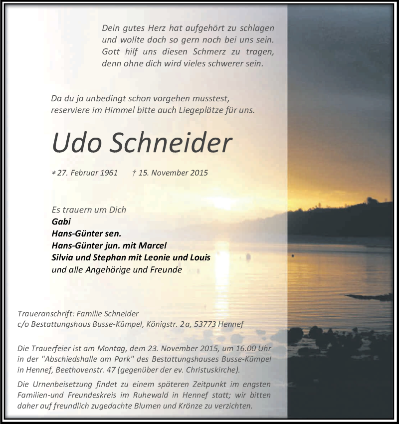 Traueranzeige für Udo Schneider vom 18.11.2015 aus Kölner Stadt-Anzeiger / Kölnische Rundschau / Express