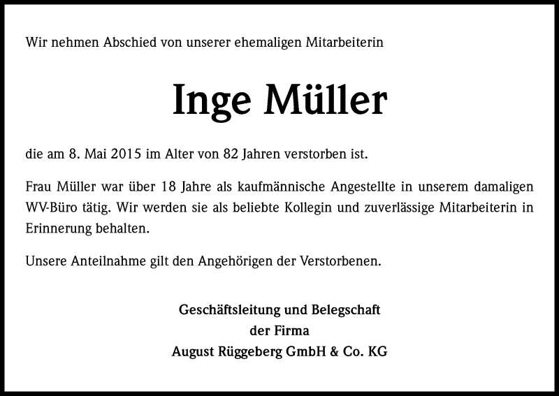  Traueranzeige für Inge Müller vom 20.05.2015 aus Kölner Stadt-Anzeiger / Kölnische Rundschau / Express