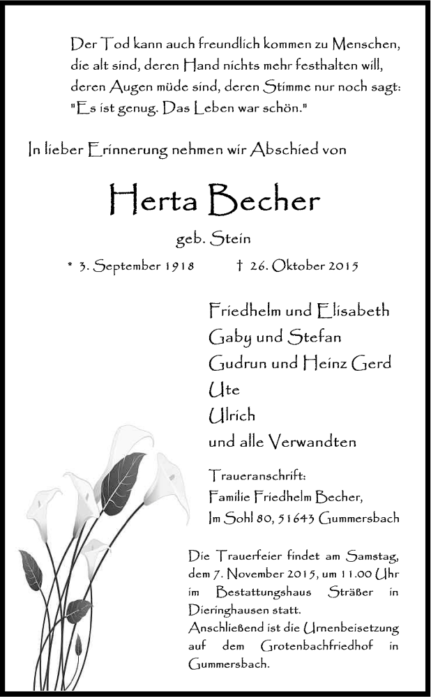  Traueranzeige für Herta Becher vom 02.11.2015 aus Kölner Stadt-Anzeiger / Kölnische Rundschau / Express