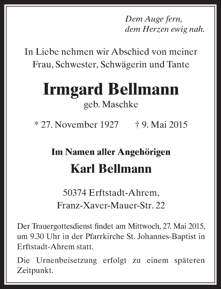  Traueranzeige für Irmgard Bellmann vom 23.05.2015 aus  Sonntags-Post 