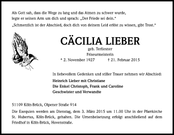 Anzeige von Cäcilia Lieber von Kölner Stadt-Anzeiger / Kölnische Rundschau / Express