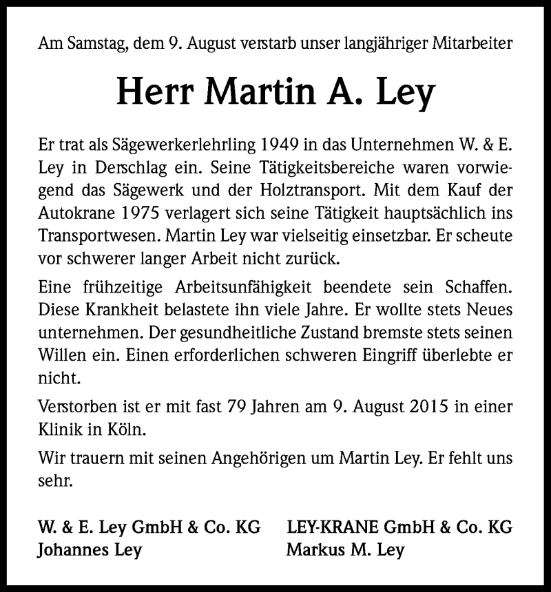  Traueranzeige für Martin  Ley vom 19.08.2015 aus Kölner Stadt-Anzeiger / Kölnische Rundschau / Express