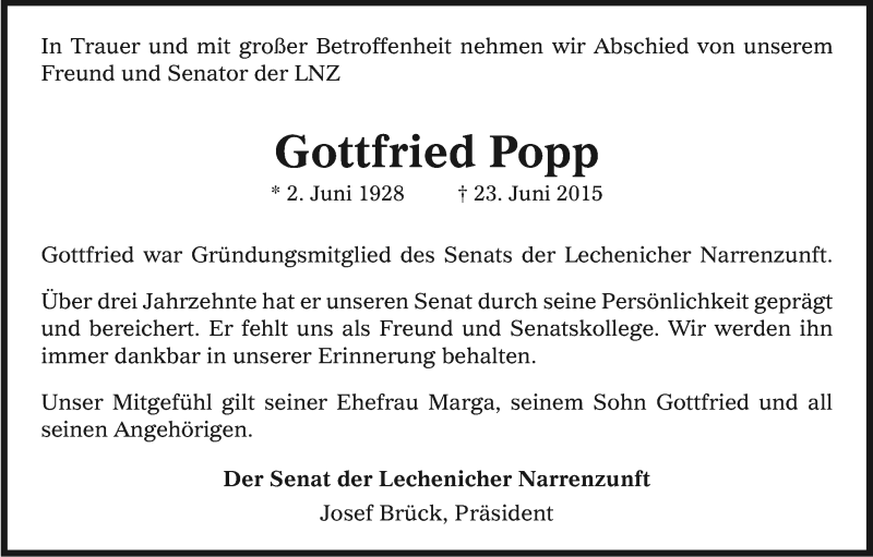  Traueranzeige für Gottfried Popp vom 26.06.2015 aus Kölner Stadt-Anzeiger / Kölnische Rundschau / Express