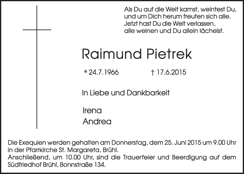  Traueranzeige für Raimund Pietrek vom 24.06.2015 aus  Schlossbote/Werbekurier 
