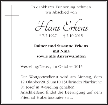 Anzeige von Hans Erkens von  Schlossbote/Werbekurier 