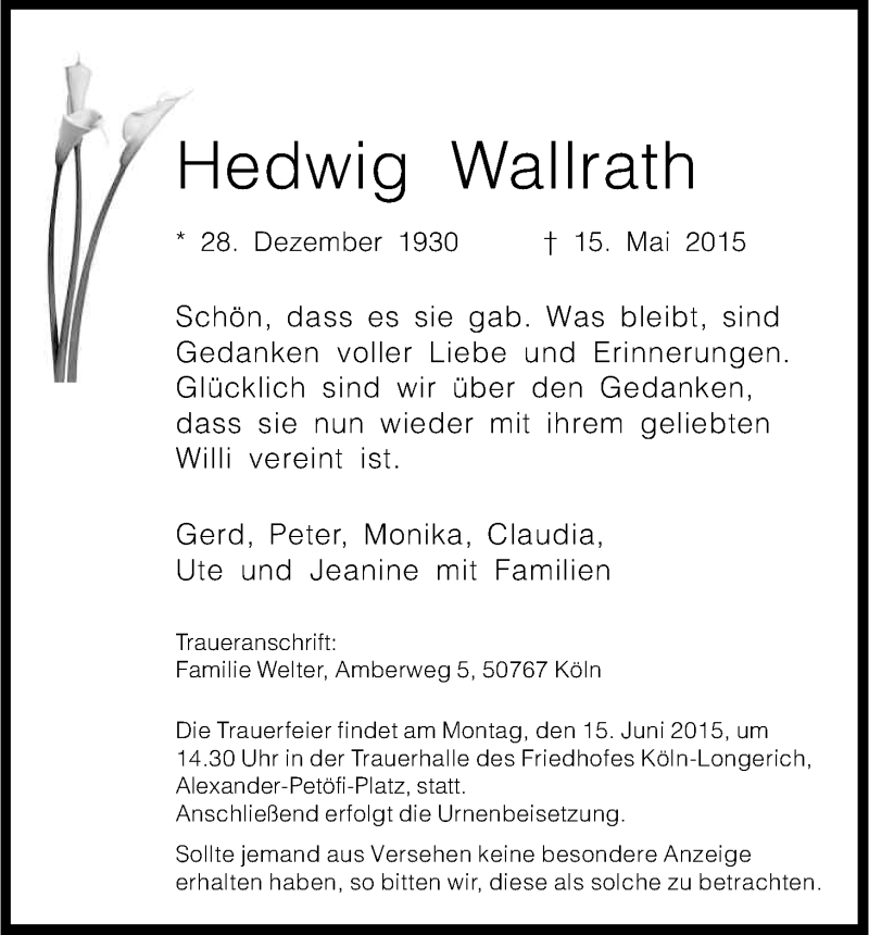  Traueranzeige für Hedwig Wallrath vom 30.05.2015 aus Kölner Stadt-Anzeiger / Kölnische Rundschau / Express
