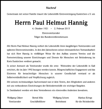 Anzeige von Paul Helmut Hannig von Kölner Stadt-Anzeiger / Kölnische Rundschau / Express
