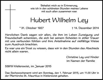 Anzeige von Hubert Wilhelm Ley von Kölner Stadt-Anzeiger / Kölnische Rundschau / Express