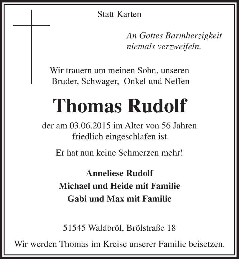  Traueranzeige für Thomas Rudolf vom 10.06.2015 aus  Lokalanzeiger 