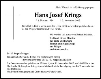 Anzeige von Hans Josef Krings von Kölner Stadt-Anzeiger / Kölnische Rundschau / Express