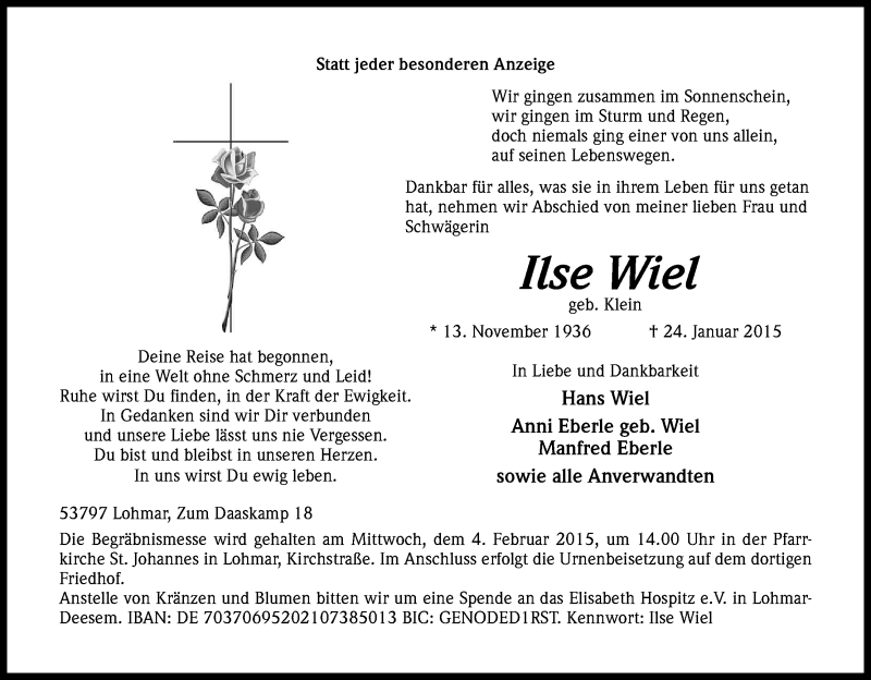  Traueranzeige für Ilse Wiel vom 31.01.2015 aus Kölner Stadt-Anzeiger / Kölnische Rundschau / Express