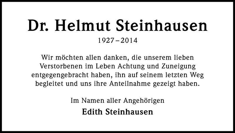  Traueranzeige für Helmut Steinhausen vom 07.03.2015 aus Kölner Stadt-Anzeiger / Kölnische Rundschau / Express