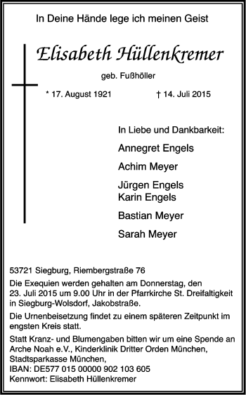 Anzeige von Elisabeth Hüllenkremer von Kölner Stadt-Anzeiger / Kölnische Rundschau / Express