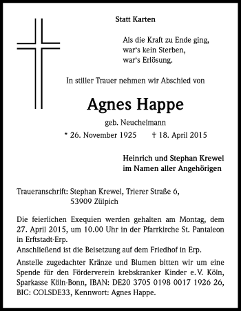 Anzeige von Agnes Happe von Kölner Stadt-Anzeiger / Kölnische Rundschau / Express