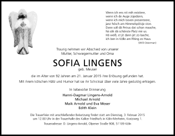 Anzeige von Sofia Lingens von Kölner Stadt-Anzeiger / Kölnische Rundschau / Express
