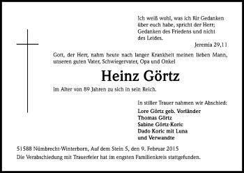 Anzeige von Heinz Görtz von Kölner Stadt-Anzeiger / Kölnische Rundschau / Express