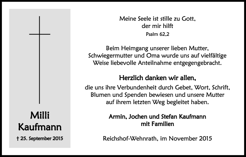  Traueranzeige für Milli Kaufmann vom 21.11.2015 aus Kölner Stadt-Anzeiger / Kölnische Rundschau / Express