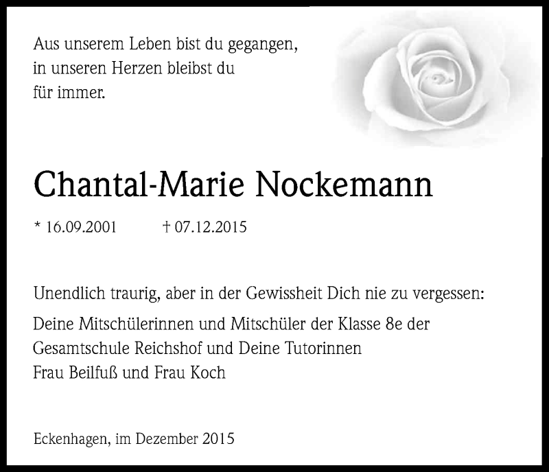  Traueranzeige für Chantal-Marie Nockemann vom 14.12.2015 aus Kölner Stadt-Anzeiger / Kölnische Rundschau / Express