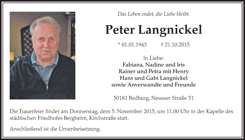  Traueranzeige für Peter Langnickel vom 31.10.2015 aus  Sonntags-Post 