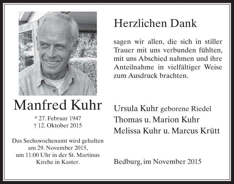  Traueranzeige für Manfred Kuhr vom 25.11.2015 aus  Werbepost 