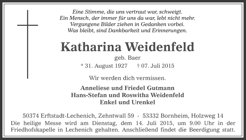  Traueranzeige für Katharina Weidenfeld vom 11.07.2015 aus  Sonntags-Post 