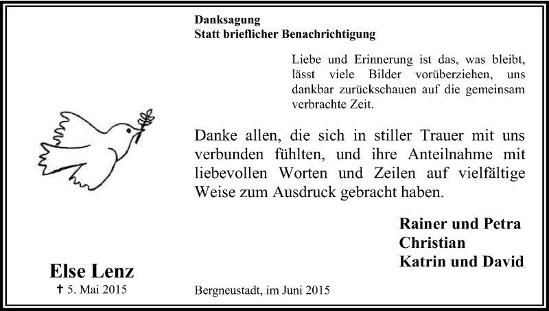  Traueranzeige für Else Lenz vom 06.06.2015 aus Kölner Stadt-Anzeiger / Kölnische Rundschau / Express
