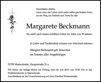 Anzeige von Margarete Beckmann von Kölner Stadt-Anzeiger / Kölnische Rundschau / Express