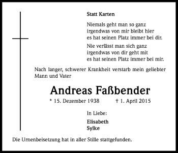 Anzeige von Andreas Faßbender von Kölner Stadt-Anzeiger / Kölnische Rundschau / Express
