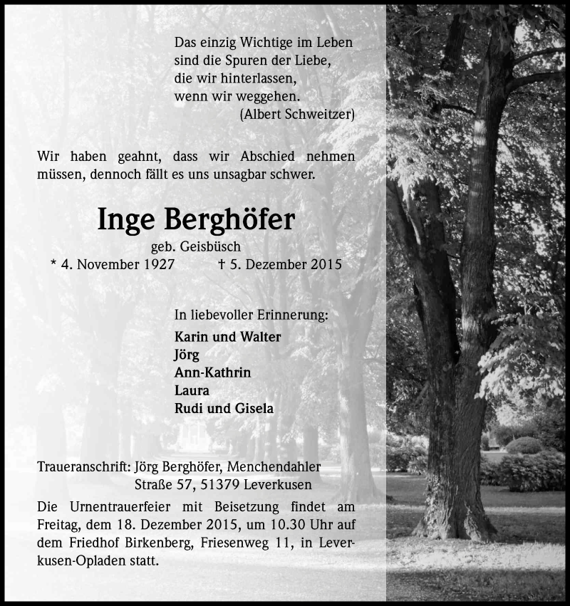  Traueranzeige für Inge Berghöfer vom 15.12.2015 aus Kölner Stadt-Anzeiger / Kölnische Rundschau / Express