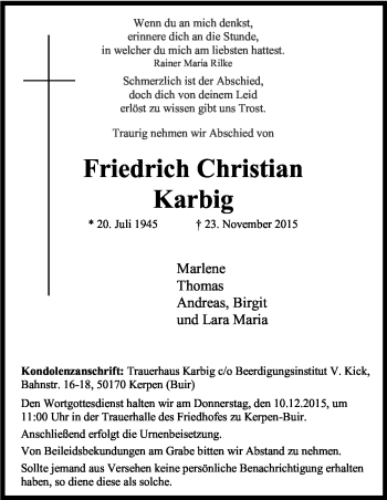 Anzeige von Friedrich Christian Karbig von Kölner Stadt-Anzeiger / Kölnische Rundschau / Express