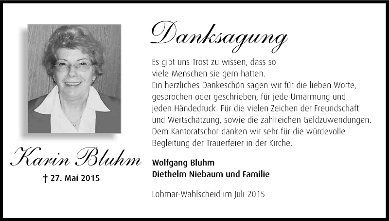  Traueranzeige für Karin Bluhm vom 18.07.2015 aus Kölner Stadt-Anzeiger / Kölnische Rundschau / Express