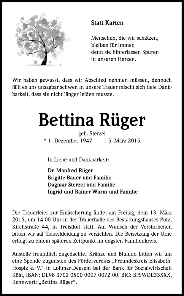  Traueranzeige für Bettina Rüger vom 10.03.2015 aus Kölner Stadt-Anzeiger / Kölnische Rundschau / Express
