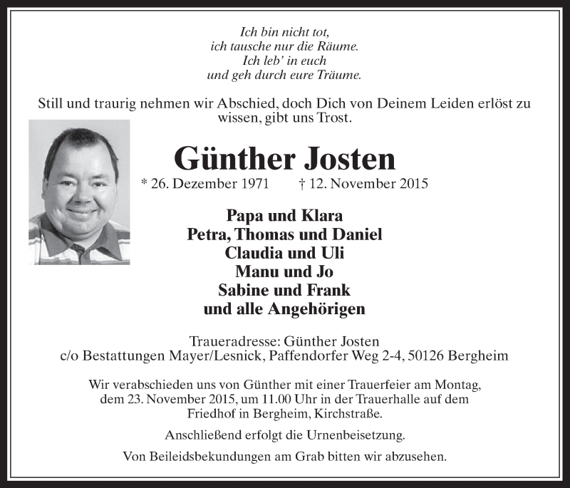  Traueranzeige für Günther Josten vom 18.11.2015 aus  Werbepost 