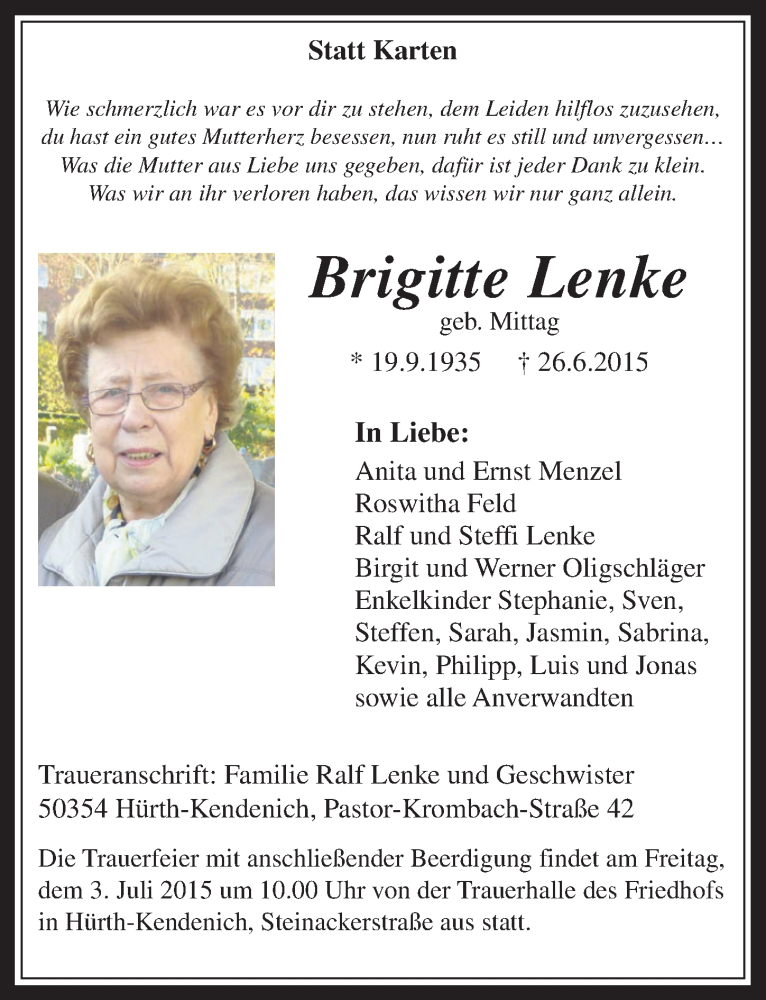  Traueranzeige für Brigitte Lenke vom 01.07.2015 aus  Wochenende 
