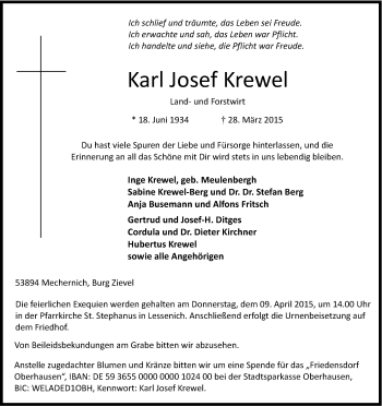 Anzeige von Karl Josef Krewel von Kölner Stadt-Anzeiger / Kölnische Rundschau / Express
