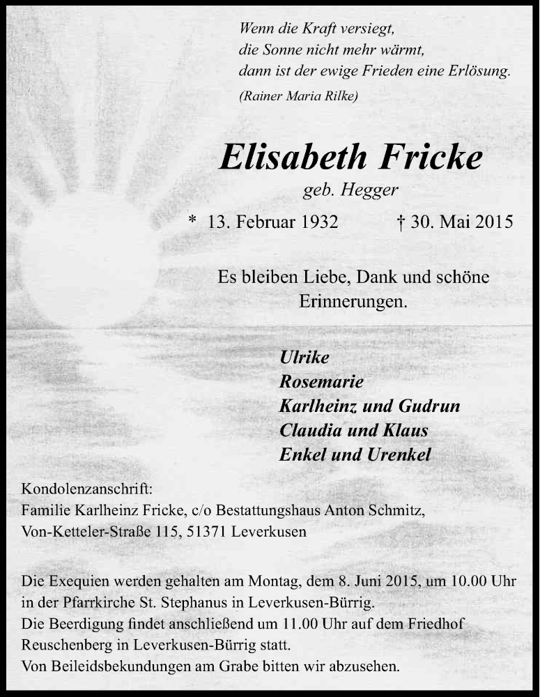  Traueranzeige für Elisabeth Fricke vom 03.06.2015 aus Kölner Stadt-Anzeiger / Kölnische Rundschau / Express
