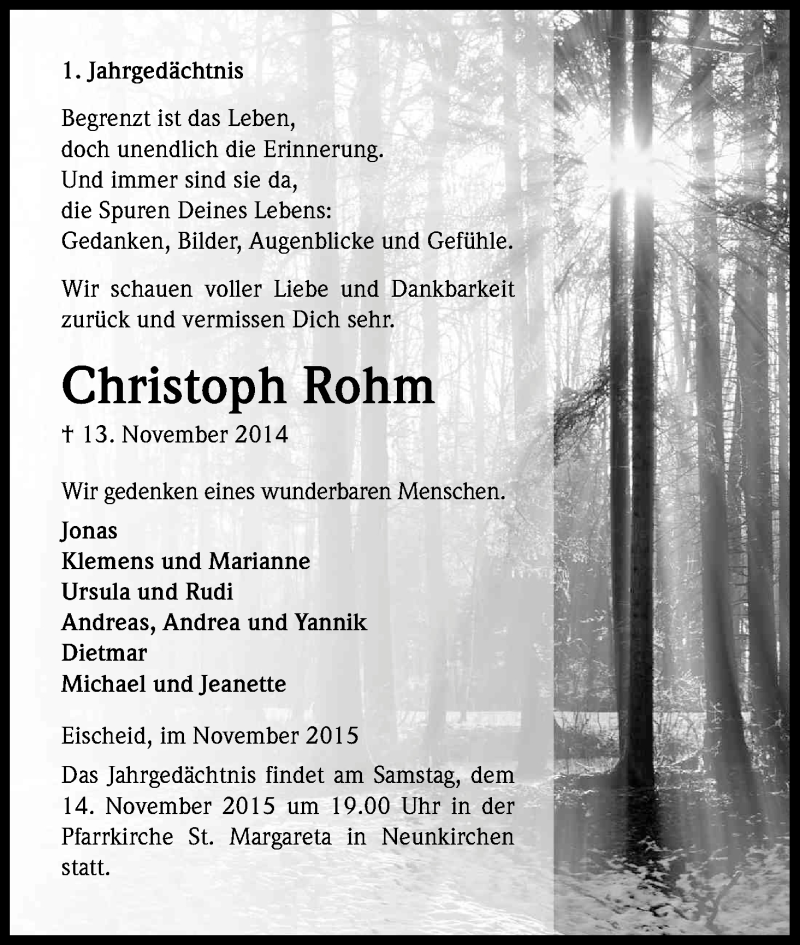 Traueranzeige für Christoph Rohm vom 07.11.2015 aus Kölner Stadt-Anzeiger / Kölnische Rundschau / Express