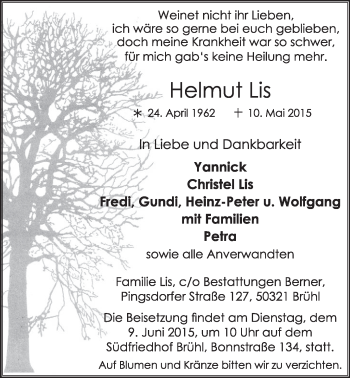 Anzeige von Helmut Lis von  Schlossbote/Werbekurier 