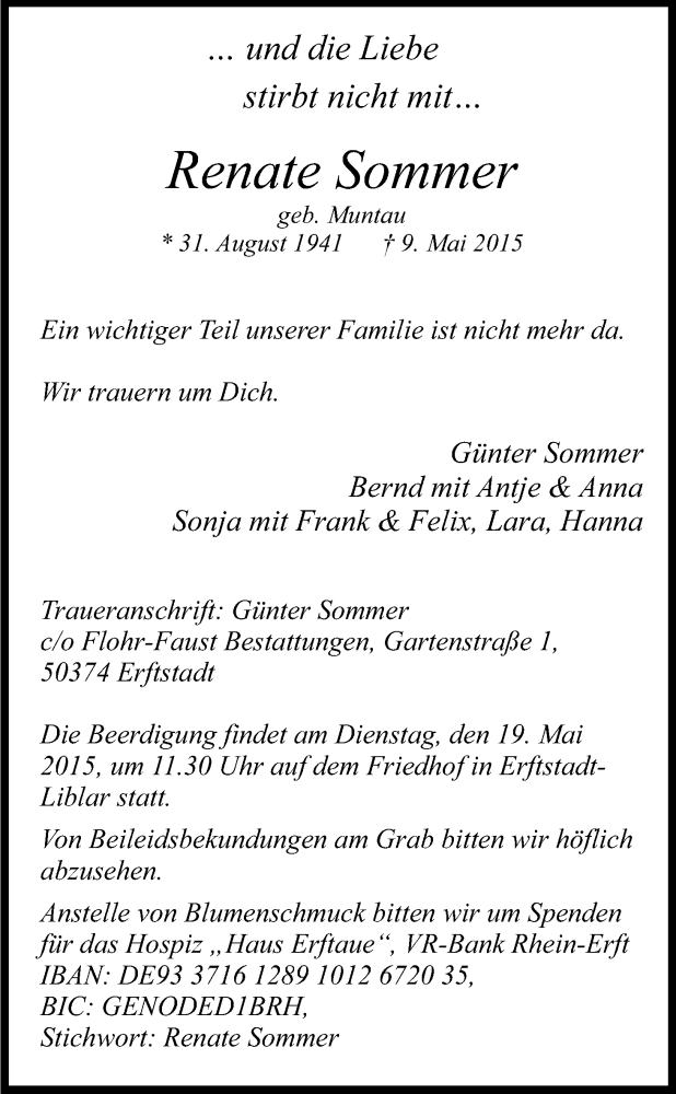  Traueranzeige für Renate Sommer vom 12.05.2015 aus Kölner Stadt-Anzeiger / Kölnische Rundschau / Express