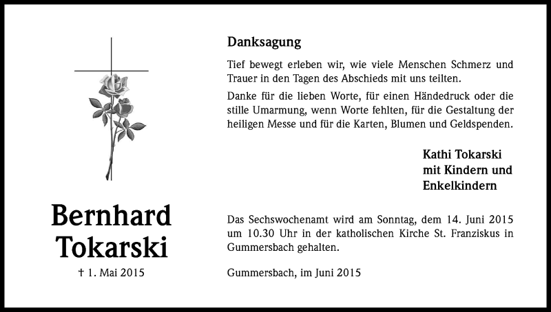  Traueranzeige für Bernhard Tokarski vom 08.06.2015 aus Kölner Stadt-Anzeiger / Kölnische Rundschau / Express