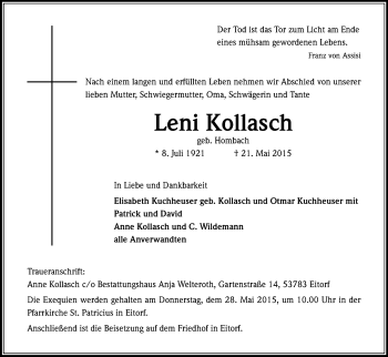 Anzeige von Leni Kollasch von Kölner Stadt-Anzeiger / Kölnische Rundschau / Express