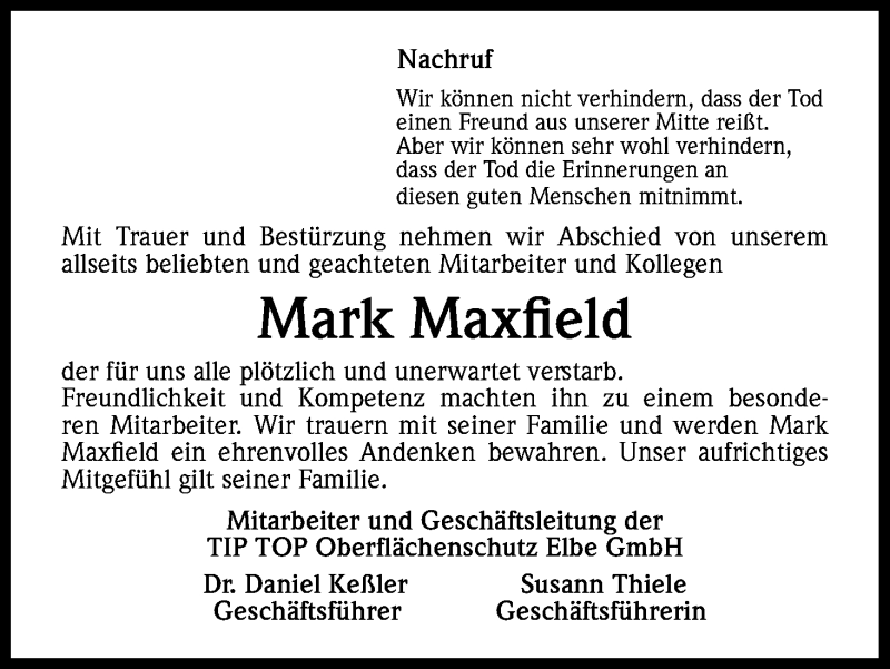  Traueranzeige für Mark Maxfield vom 18.11.2015 aus Kölner Stadt-Anzeiger / Kölnische Rundschau / Express