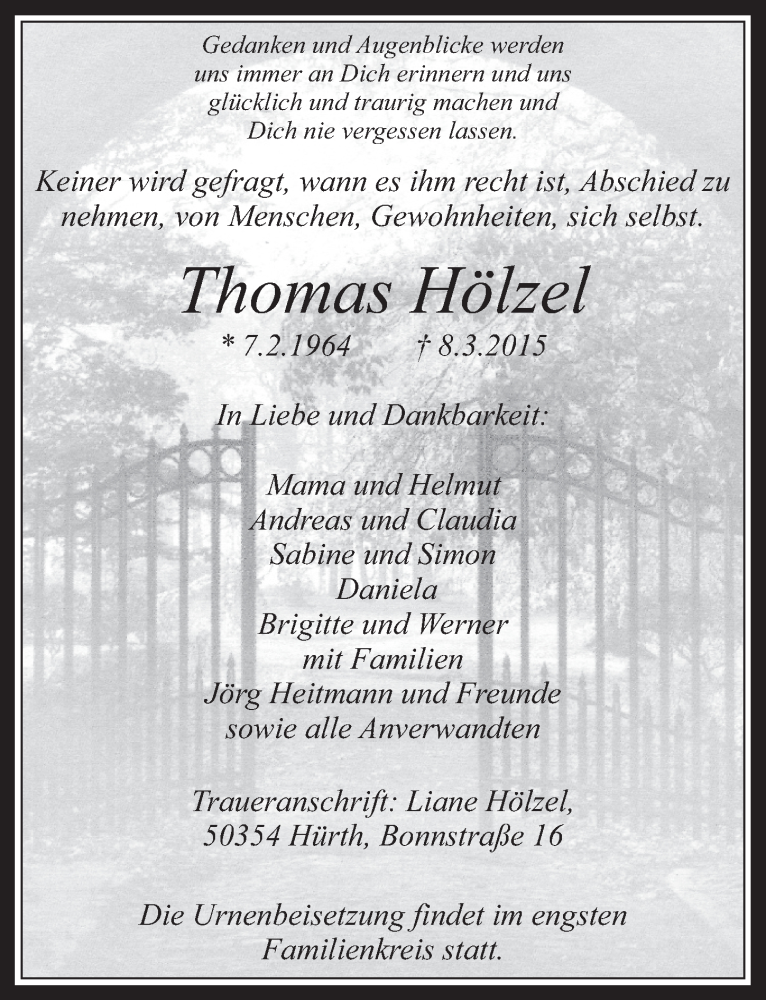  Traueranzeige für Thomas Hölzel vom 01.04.2015 aus  Wochenende 