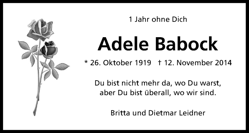  Traueranzeige für Adele Babock vom 14.11.2015 aus Köln - Wir Trauern
